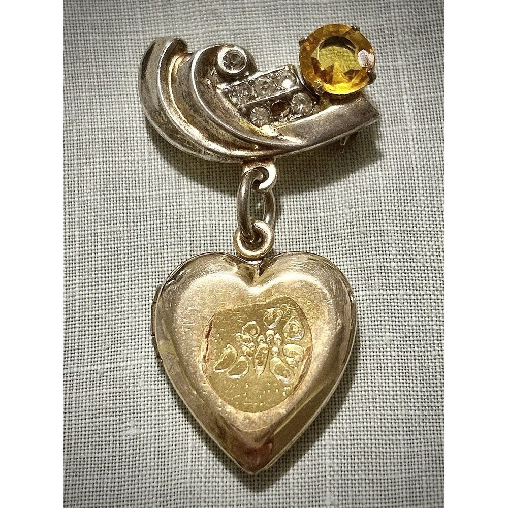 Vintage Gold Filled Sterling Heart Locket Brooch Rhinestone Dangle Floral Pin